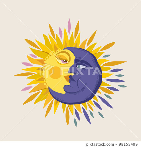 Vector illustration of sun and crescent moon with faces close to each other. Isolated on light background. 98155499