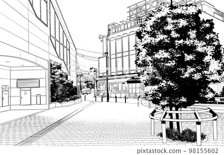 Manga-style pen drawing illustration Residential townscape Manga-style pen drawing illustration Residential townscape 98155602