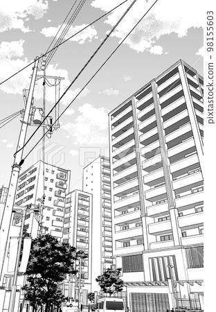 Manga-style pen drawing illustration Residential townscape Manga-style pen drawing illustration Residential townscape 98155603
