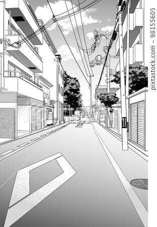 Manga-style pen drawing illustration Residential townscape Manga-style pen drawing illustration Residential townscape 98155605