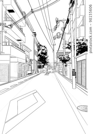 Manga-style pen drawing illustration Residential townscape Manga-style pen drawing illustration Residential townscape 98155606