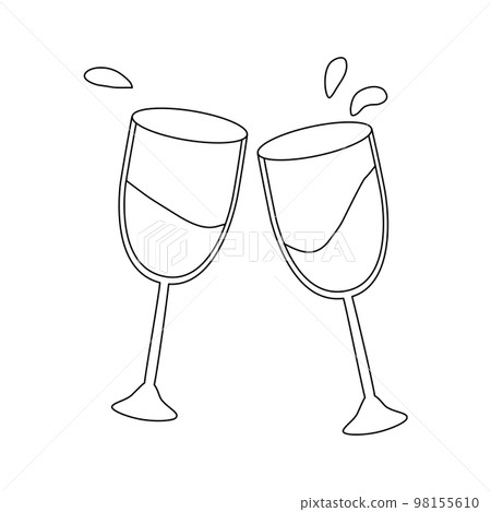 Two glasses of wine toasting to celebrate something, flat vector outline for coloring book Two glasses of wine toasting to celebrate something, flat vector outline for coloring book 98155610