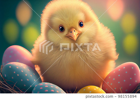 Cute yellow chick near easter eggs Cute yellow chick near easter eggs 98155894