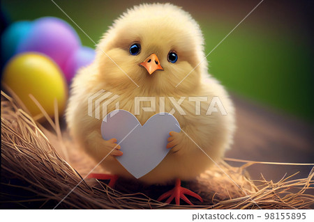 Cute yellow chick near easter eggs Cute yellow chick near easter eggs 98155895