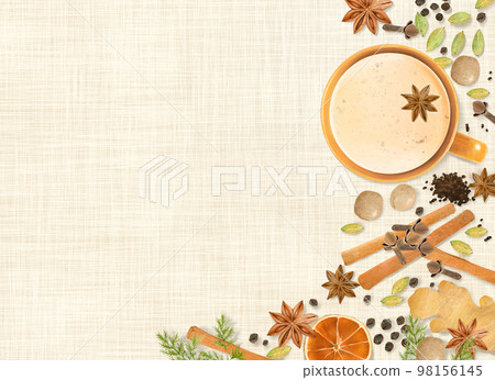 Illustration background material of types of healthy spices such as tea, nuts, ginger, dried fruits, etc. 98156145