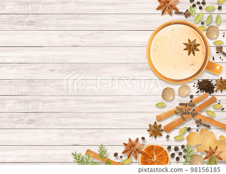 木甲板上茶杯、堅果、生薑和乾果等香料類型的插圖背景材料 98156185