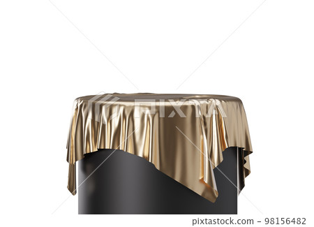 Black and golden podium isolated on white background. Elegant stage for product, cosmetic presentation. Golden silk. Luxury mock up. Pedestal or platform for beauty products. Empty scene. 3D render. Black and golden podium isolated on white background. Elegant stage for product, cosmetic presentation. Golden silk. Luxury mock up. Pedestal or platform for beauty products. Empty scene. 3D render. 98156482