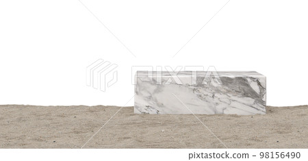 White marble podium standing in sand, isolated on white background. Elegant stage for product, cosmetic presentation. Luxury mock up. Pedestal or platform for beauty products. Empty scene. 3D render. White marble podium standing in sand, isolated on white background. Elegant stage for product, cosmetic presentation. Luxury mock up. Pedestal or platform for beauty products. Empty scene. 3D render. 98156490