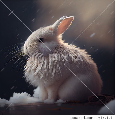 Realistic White Fluffy Rabbit In Snow Winter Background Generative AI 98157191
