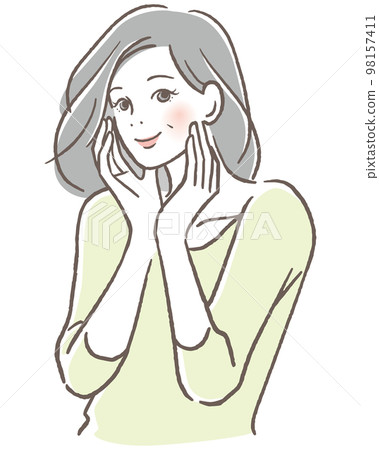 手放在臉頰上微笑的高級女人 手放在臉頰上微笑的高級女人 98157411