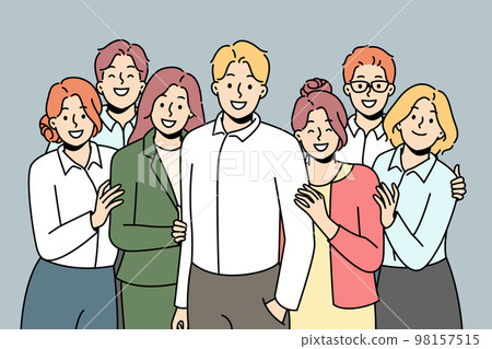 Smiling employees posing with male boss Smiling employees posing with male boss 98157515