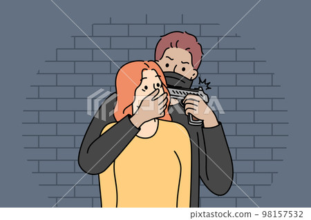 Criminal threaten scared woman with gun  98157532