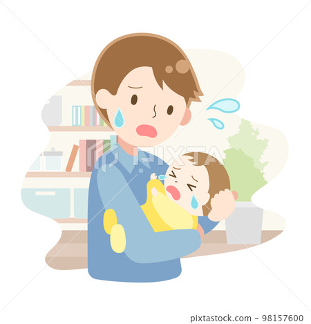 Illustration of a father holding a crying baby Illustration of a father holding a crying baby 98157600