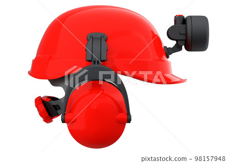 Red safety helmet or hard cap with flashlight and headphones on wihte Red safety helmet or hard cap with flashlight and headphones on wihte 98157948