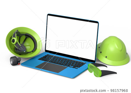 Set of safety helmets or hard caps, goggles and laptop on white background Set of safety helmets or hard caps, goggles and laptop on white background 98157968