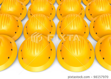 Set of safety helmets or hard caps for carpentry work in row on white background 98157970