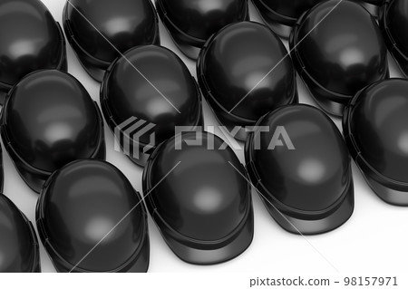 Set of safety helmets or hard caps for carpentry work in row on white background 98157971