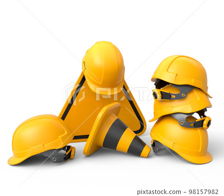 Set of safety helmets or hard hats and traffic cones, road sign on white 98157982