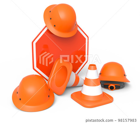 Set of safety helmets or hard hats and traffic cones, road sign on white Set of safety helmets or hard hats and traffic cones, road sign on white 98157983