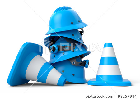 Stack of safety helmets or hard hats and traffic cones on white background 98157984