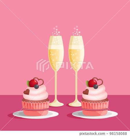 Two glasses of champagne and cupcakes. Love concept, vector illustration 98158088