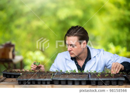 Portrait of handsome agricultural researcher working on research at plantation in industrial greenhouse Portrait of handsome agricultural researcher working on research at plantation in industrial greenhouse 98158566