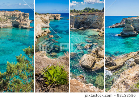 Puglia collage. Torre Sant Andrea near Torre dell'Orso, Salento, Apulia, Italy. Rocky sea coast with cliffs. Beaches with blue turquoise saturated clear water. Beautiful postcard. Puglia collage. Torre Sant Andrea near Torre dell'Orso, Salento, Apulia, Italy. Rocky sea coast with cliffs. Beaches with blue turquoise saturated clear water. Beautiful postcard. 98158586