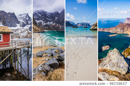 Lofoten Islands Norway photo collage with beautiful scandinavian landscapes. Travel to Lofoten concept. 98158637