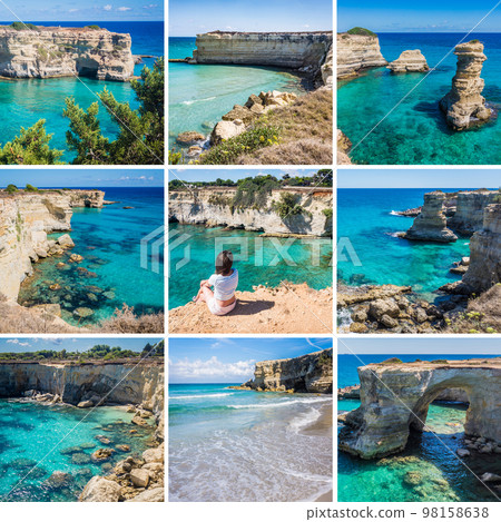 Puglia square collage. Torre Sant Andrea near Torre dell'Orso, Salento, Apulia, Italy. Rocky sea coast with cliffs. Beautiful beaches with blue turquoise saturated clear water. Puglia square collage. Torre Sant Andrea near Torre dell'Orso, Salento, Apulia, Italy. Rocky sea coast with cliffs. Beautiful beaches with blue turquoise saturated clear water. 98158638