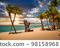 Two coconut palm tree cross on the tropical beach at sunset 98158968