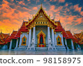 The Marble Temple, Wat Benchamabopitr Dusitvanaram at sunrise in Bangkok, Thailand. 98158975