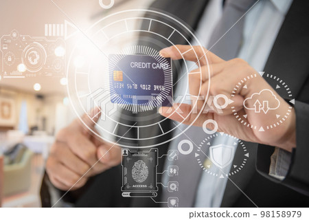 Businessman holding credit card for makes a online payment and e-commerce on blurred background. Spending money concept. 98158979