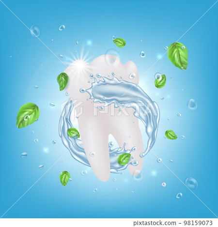 Realistic Detailed 3d White Healthy Tooth with Cool Water Splash and Green Mint Leaves. Vector illustration Realistic Detailed 3d White Healthy Tooth with Cool Water Splash and Green Mint Leaves. Vector illustration 98159073