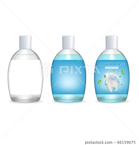 Realistic Detailed 3d Mouth Rinse Bottle mpty Template Mockup and with Label Set . Vector illustration of Mouthwash Realistic Detailed 3d Mouth Rinse Bottle mpty Template Mockup and with Label Set . Vector illustration of Mouthwash 98159075