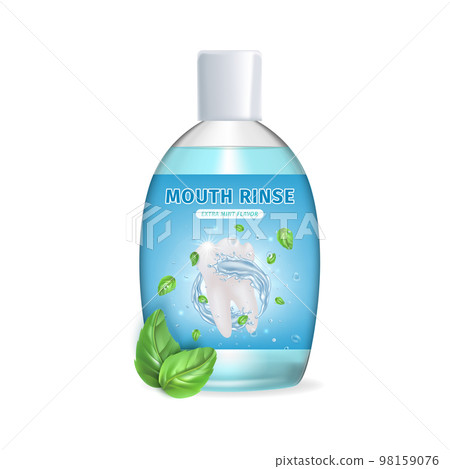 Realistic Detailed 3d Mouth Rinse Bottle with Green Mint Leaves Isolated on a White Background. Vector illustration of Mouthwash Realistic Detailed 3d Mouth Rinse Bottle with Green Mint Leaves Isolated on a White Background. Vector illustration of Mouthwash 98159076