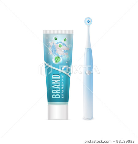 Realistic Detailed 3d Toothpaste Extra Fresh Mint and Electric Toothbrush Isolated on a White Background. Vector illustration 98159082