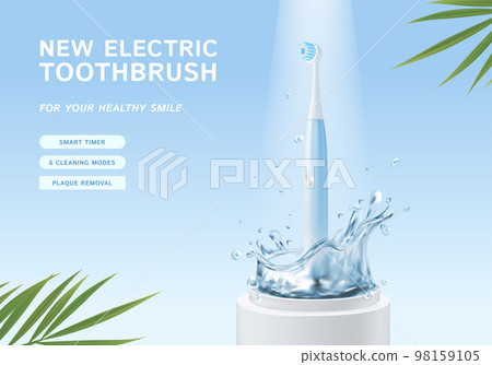 Realistic Detailed 3d Electric Toothbrush on a Round Podium Ads Banner with Water Splash Dental Health and Oral Hygiene Concept Poster Card. Vector illustration Realistic Detailed 3d Electric Toothbrush on a Round Podium Ads Banner with Water Splash Dental Health and Oral Hygiene Concept Poster Card. Vector illustration 98159105