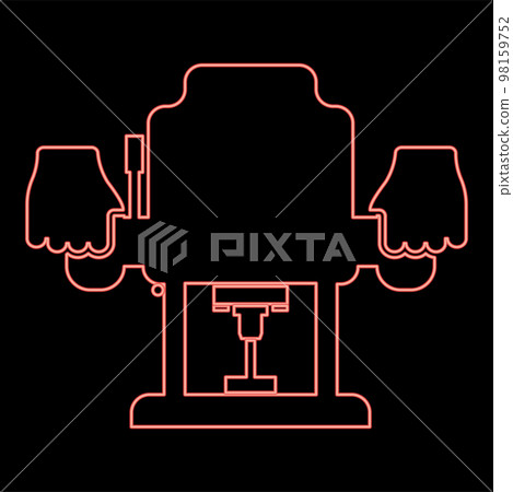 Neon fixed base router Electric wood plunge milling cutter power tool in hand holding power tool use Arm using instrument red color vector illustration image flat style 98159752