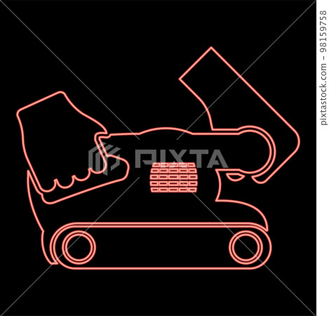Neon belt sander in hand holding tool use Arm using circular sheet Electric orbital instrument red color vector illustration image flat style 98159758