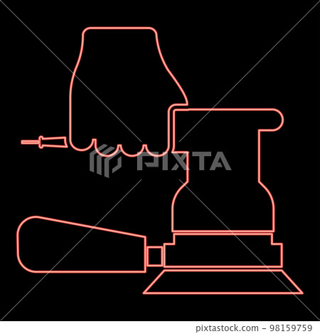 Neon sander in hand holding tool use Arm using circular sheet Electric orbital instrument red color vector illustration image flat style 98159759