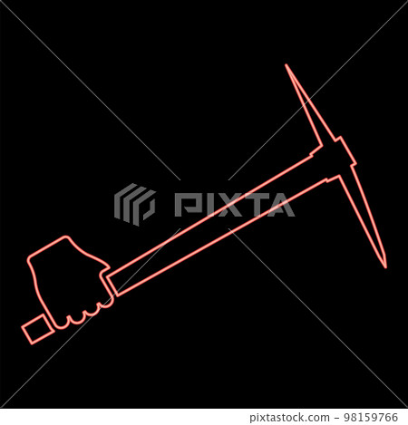 Neon pickaxe in hand tool in use Arm Digging and mining concept Industrial work Mattock quarry red color vector illustration image flat style Neon pickaxe in hand tool in use Arm Digging and mining concept Industrial work Mattock quarry red color vector illustration image flat style 98159766