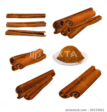 Watercolor cinnamon sticks spices. Hand-drawn illustration isolated on white background. Perfect concept for cafe, cinnamon for cooking and confectionery, restaurant, menu, cards 98159901
