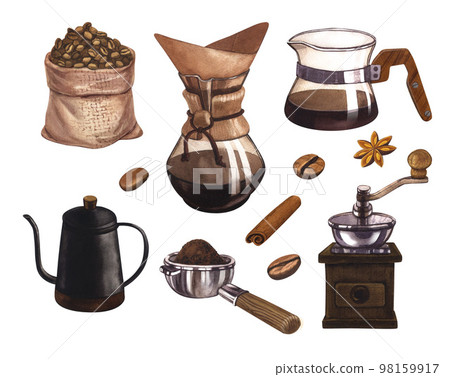 Watercolor set of coffee elements collection. Supplies: coffee makers, cup, pot and packaging. Hand-drawn illustration isolated on white background. Perfect concept for cafe, for cooking, restaurant Watercolor set of coffee elements collection. Supplies: coffee makers, cup, pot and packaging. Hand-drawn illustration isolated on white background. Perfect concept for cafe, for cooking, restaurant 98159917