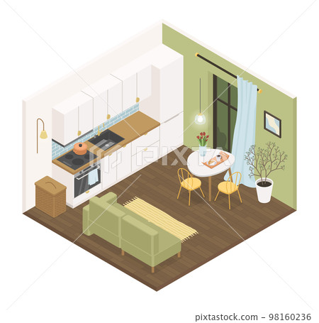 Kitchen for two - modern vector colorful isometric illustration 98160236