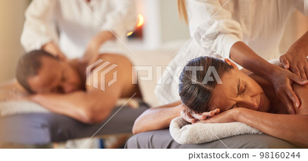 Massage, relax and peace with couple in spa for healing, health and zen treatment. Detox, skincare and beauty with hands of massage therapist on man and woman for calm, physical therapy and luxury 98160244