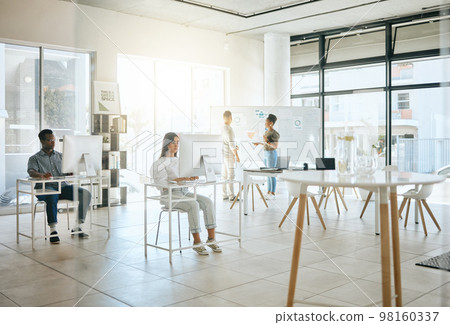 Office, coworking and startup for workers, diversity or focus for digital marketing in New York. Modern office, employee group or team with computer, strategy, or planning in coworking space together 98160337