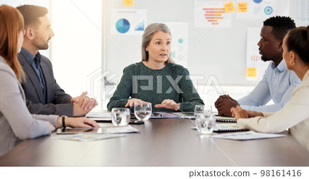 Leadership vision, innovation and teamwork of a business team in an office boardroom meeting. Executive diversity group talking about a collaboration strategy while data planning a project report 98161416