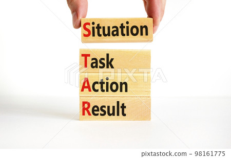 STAR situation task action result symbol. Concept words STAR situation task action result on wooden block on beautiful white background. Business STAR situation task action result concept. Copy space 98161775