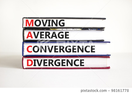 MACD symbol. Concept words MACD moving average convergence divergence on books on beautiful white table white background. Business MACD moving average convergence divergence concept. Copy space. 98161778