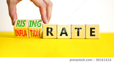 Inflation or rising rate symbol. Concept word Inflation rate Rising rate on wooden cubes. Businessman hand. Beautiful yellow table white background. Business inflation rising rate concept. Copy space. 98161818